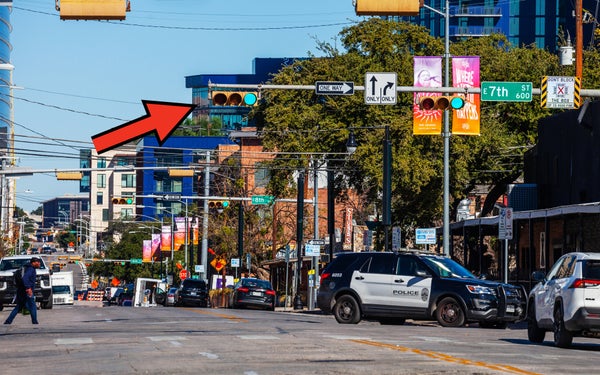 Street in Austin, Texas with stop lights installed horizontally