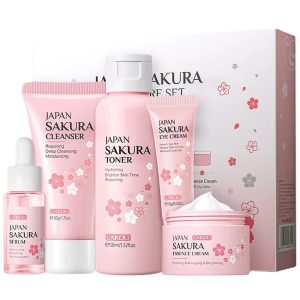 Sakura Skincare Set Oil Control Facial Cleanser Nourishing Face Serum Face Cream Fade Dark Circles Eye Cream Face Care Products – color : as image